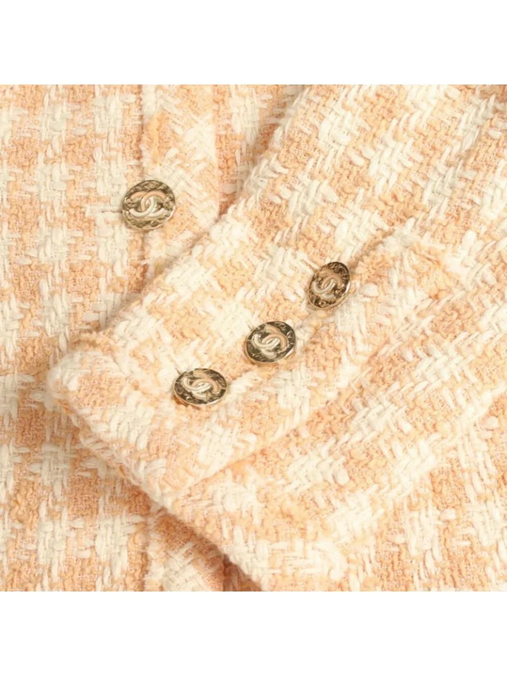 Chanel Collarless Jacket CC Logo Button Houndstooth Tweed Orange Cotton